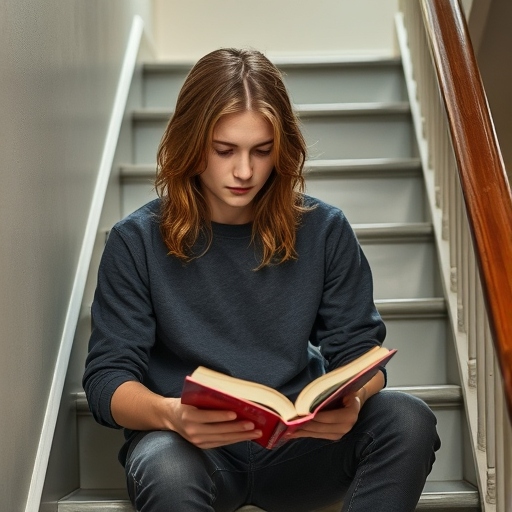 Taylor reading a book on a staircase